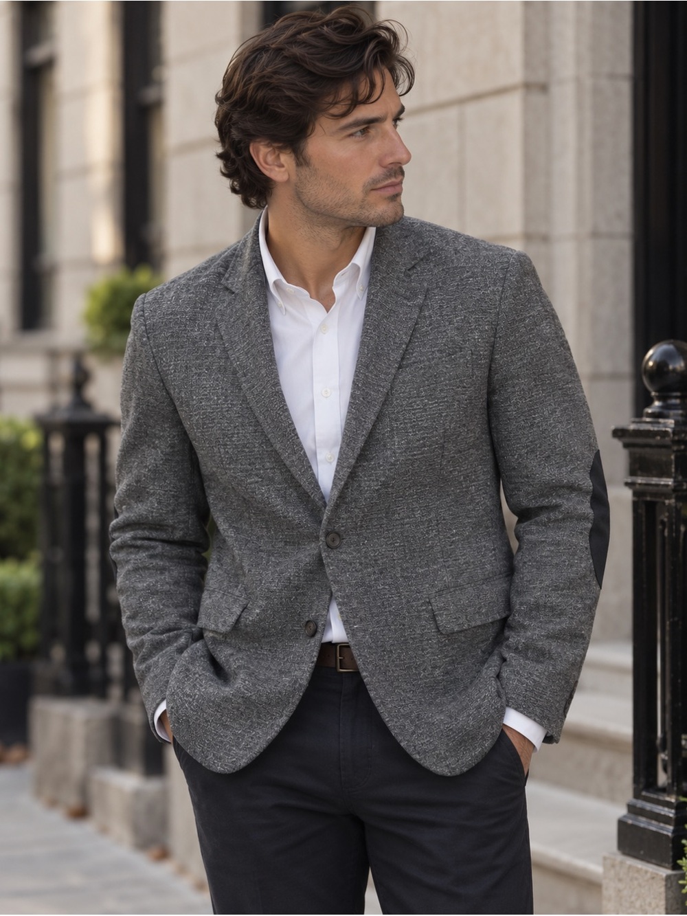 Express Photographer Fitted Blazer Grey Tweed Elbow Patches 38S